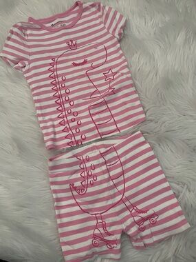 Girls Pink Striped Dino Pajama Set - Soft Short Sleeve & Shorts